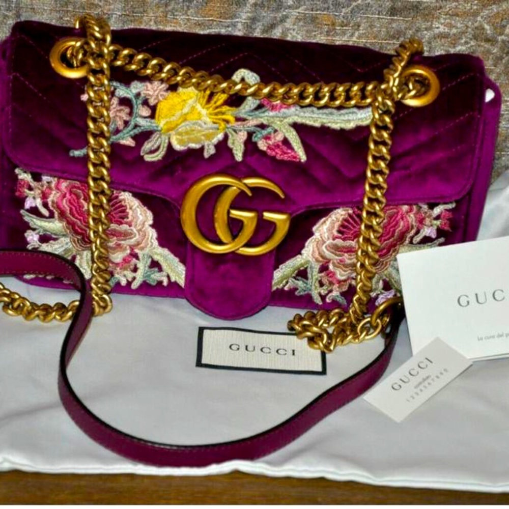 Velvet Matelasse Medium GG Marmont Shoulder Bag Fuchsia/Purple